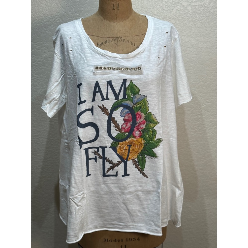 A Rare Bird Women's White Rhinestone Tee I AM SO FLY‎ Distressed L/XL NWT